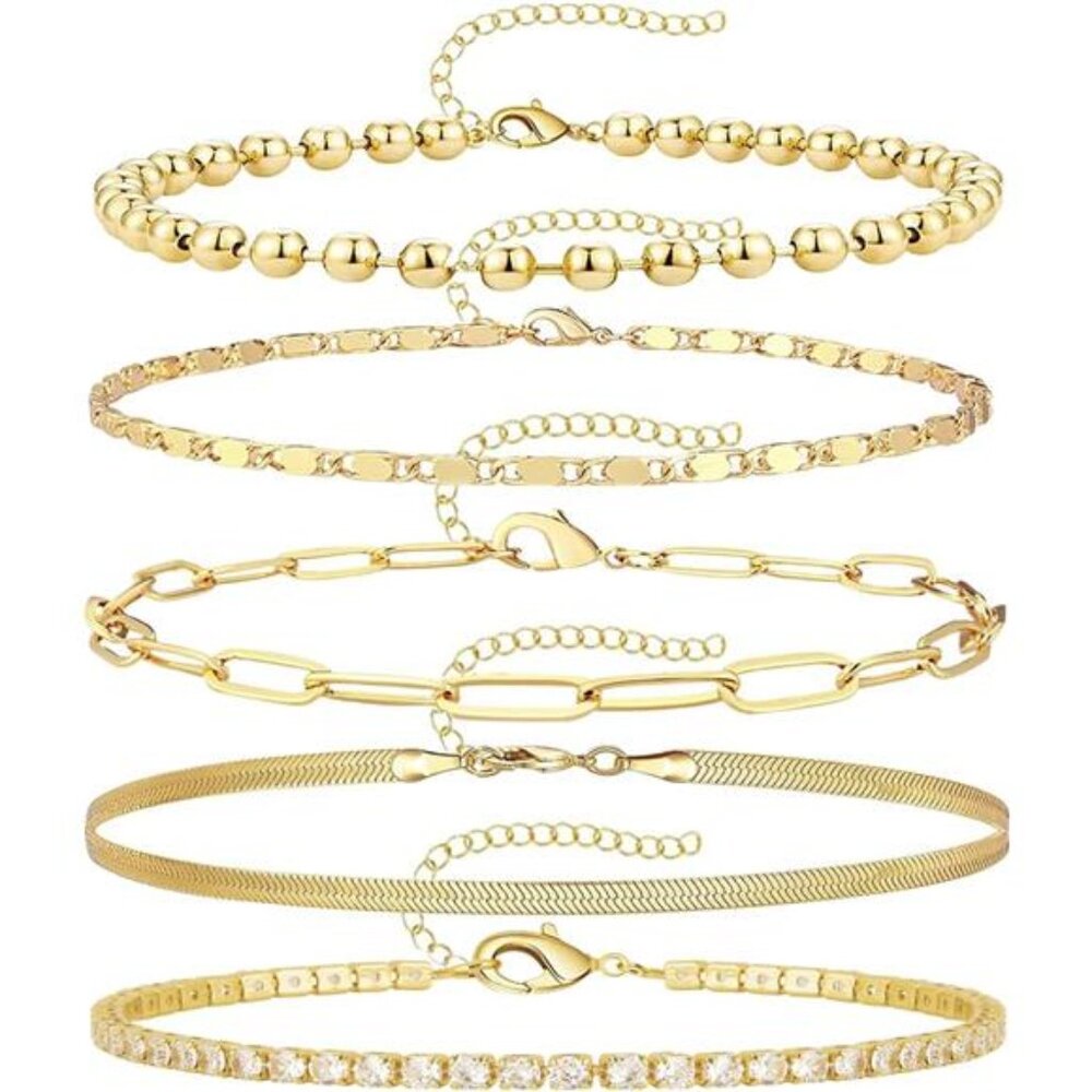 Anklet Bracelets for Women Waterproof Set 14K Gold Plated Anklet Bead Zircon